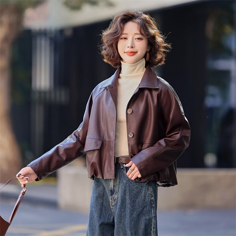 常规短款春季方领纽扣极简风皮衣春秋韩版机车服休闲气质小个子,女装皮衣,简古