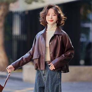 常规短款春季方领纽扣极简风皮衣春秋韩版机车服休闲气质小个子图片