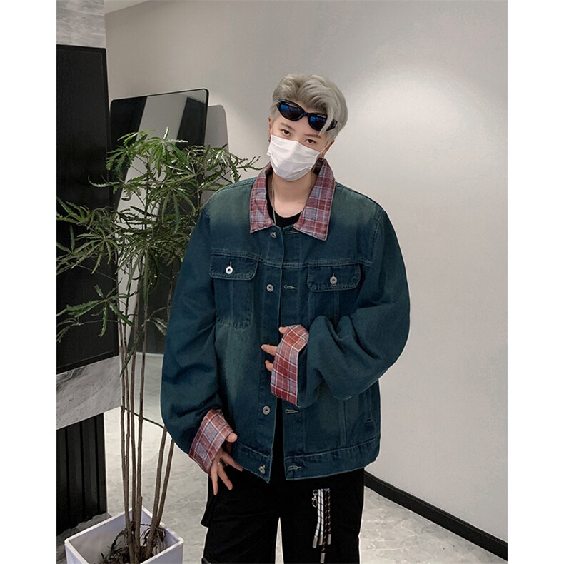 红格纹拼接牛仔外套男春秋款街头潮痞帅宽松情侣夹克JKN1238-P78,男装夹克,星座302B-2