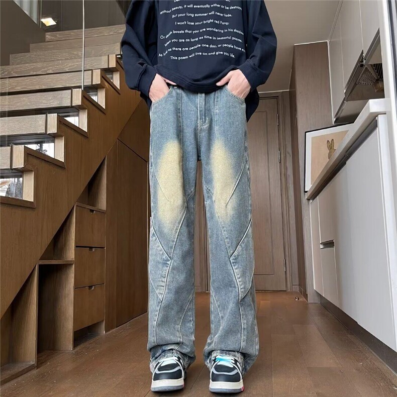 水洗复古做旧阔腿牛仔裤男美式高街拼接设计感微喇直筒裤NK2032,男装牛仔裤,星座601-1