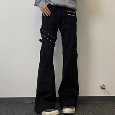 黑色绑带微喇工装牛仔裤情侣ing美式高街喇叭裤子K71556-P57网图，男装牛仔裤，电商B245