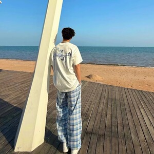 美式北卡蓝格子休闲长裤男女慵懒四季日常百搭宽松直筒阔长裤潮流图片