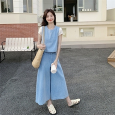 减龄时尚牛仔背心阔腿裤套装女夏ootd穿搭减龄三件套今年流行爆款，女装套装/套裙，2C012
