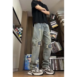 高街复古vibe风宽松破洞乞丐裤裂纹宽松直筒牛仔裤男潮RK3106-P45图片