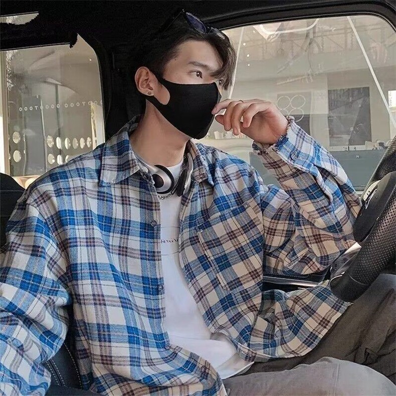 美式复古春秋新款简约毛边蓝色条纹拼接衬衫外套男百搭休闲情侣款,男装衬衫,星座506A