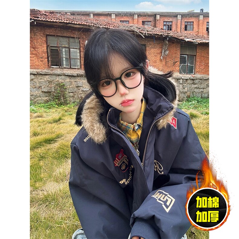 现货高品质美式高街重磅刺绣座山雕大毛毛领棉衣男女加厚棉服外套,男装棉衣,电商A486-1