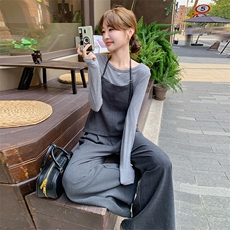 韩版时尚挂脖上衣长袖打底套装女2025春秋季新款显瘦阔腿裤两件套，女装套装/套裙，2C255