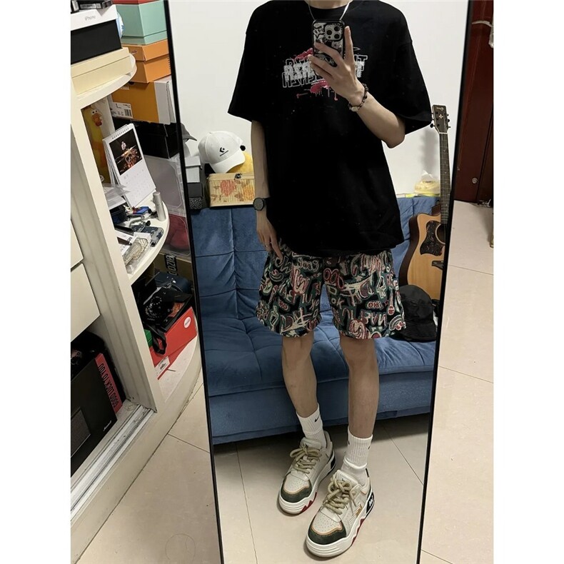 休闲廓形质感沙滩裤腰果花夏季潮牌美式高街复古宽松短裤五分裤男图片