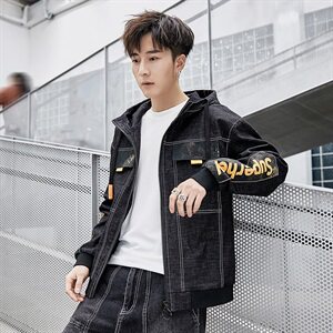 秋季新款工装复古牛仔外套宽松大码连帽夹克男A438-W560,粉色风衣女款怎么搭配图片