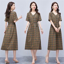 连衣裙2022年夏季潮流舒适简约时尚中长款圆领格子，女装连衣裙，贵人树