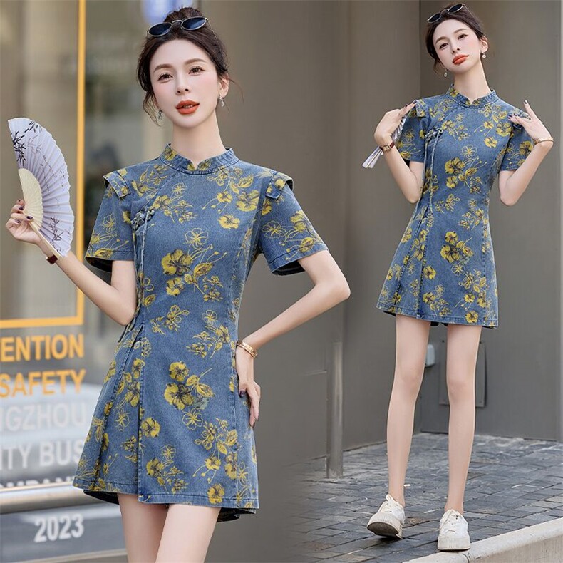 2025夏季新款时尚超好看高级感新中式国风盘扣印花牛仔短裤套装女，女装套装/套裙，依路服饰