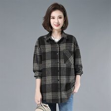 2021年春季直筒常规POLO领排多扣通勤格子衬衫女自主图，女装衬衫，伊满意