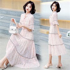 超仙温柔风雪纺碎花连衣裙女2025新款夏季气质v领收腰茶歇a字裙子，女装连衣裙，妙形