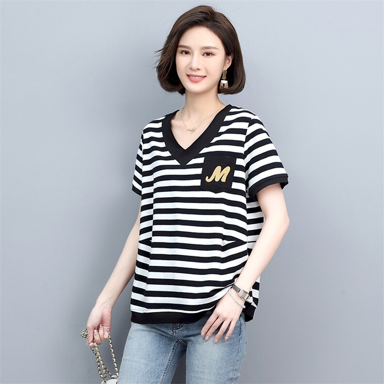 条纹T恤女短袖2022新款V领夏季小衫时尚妈妈装上衣,女装T恤,忆绮罗