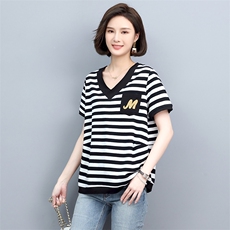 条纹T恤女短袖2022新款V领夏季小衫时尚妈妈装上衣，女装T恤，忆绮罗