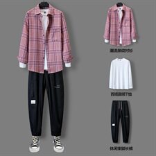 休闲套装男潮牌秋季2021年新款衬衫韩版潮流三件套搭配DF162T，男装衬衫，电商A102