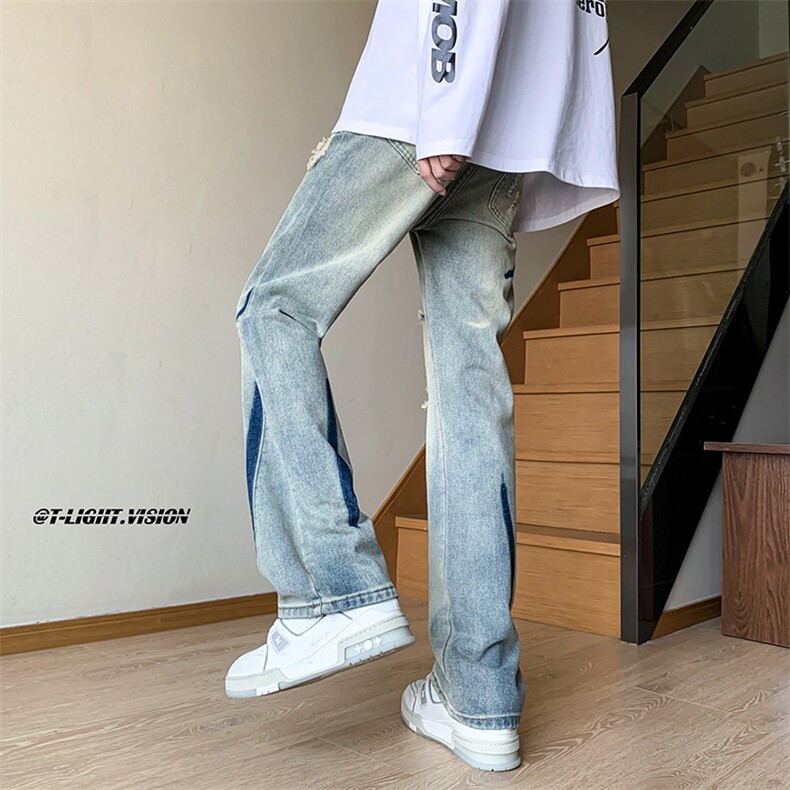 B221 美式ins高街小众情侣款破洞微喇牛仔裤 LK23001-P65 控88图片