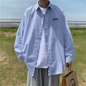 日系复古条纹长袖衬衫男港风宽松休闲打底衬衣春秋季外套C755-p33图片