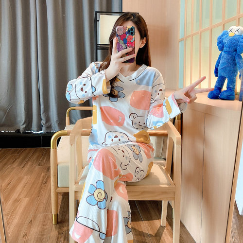睡衣女秋季V领可爱家居服两件套装可外穿,居家内衣睡衣套装,潮品会