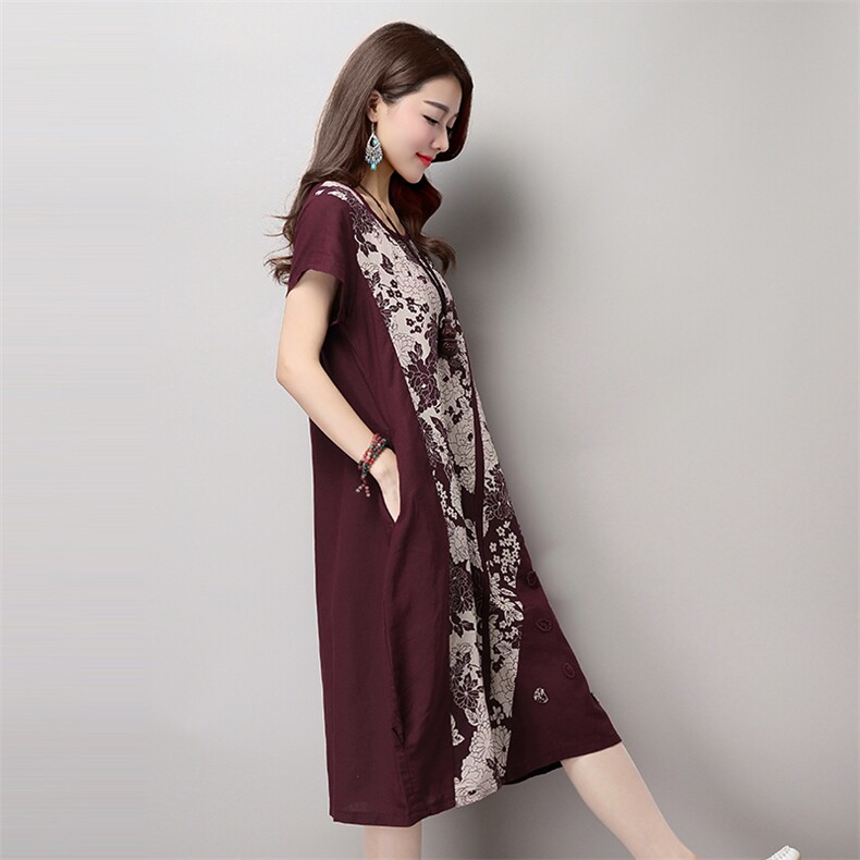 套头宽松腰圆领麻2021年夏季短袖长裙口袋贴布连衣裙,女装连衣裙,独衣靓
