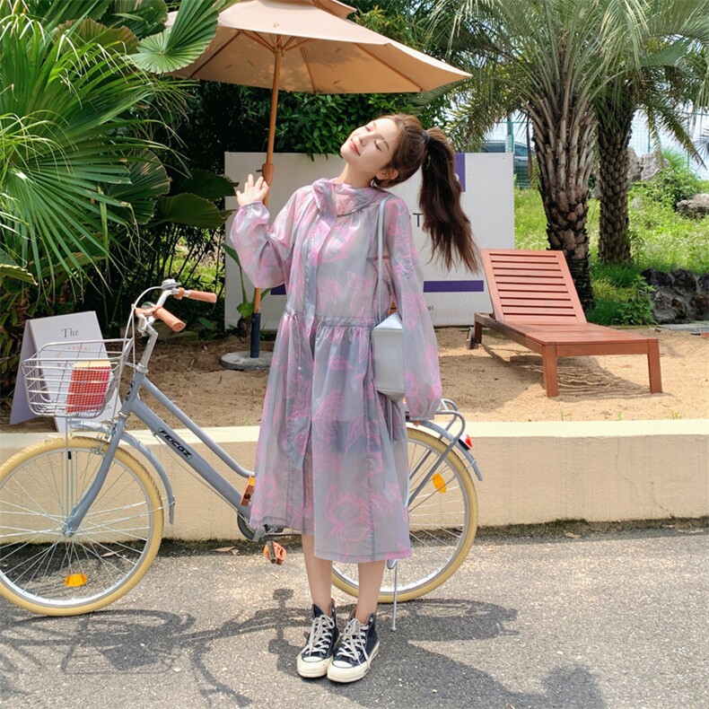 印花中长款26夏季新款时尚薄款连帽防晒衣服女182A8565P115K168图片