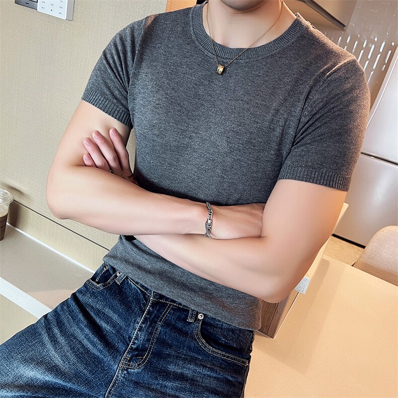针织衫毛衣男 M02/p40 秋季短袖修身圆领纯色内搭打底衫线衣男 灰图片