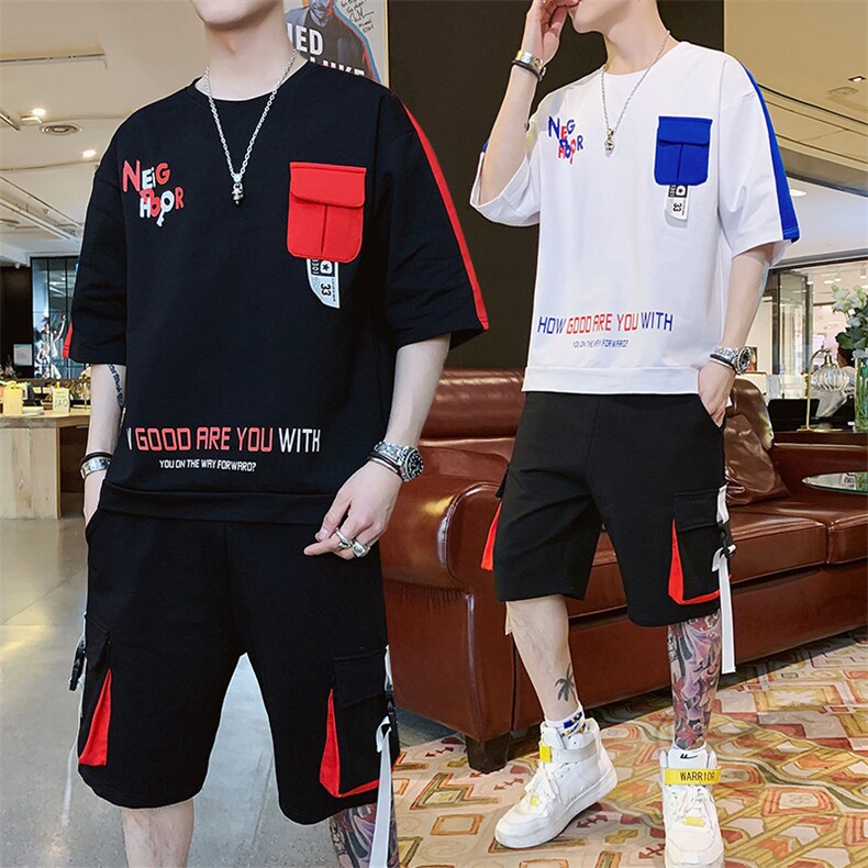 新款夏季棉质短袖套装男休闲运动短裤宽松T恤上衣两件套F161P70图片