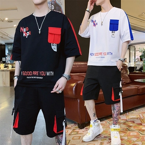 新款夏季棉质短袖套装男休闲运动短裤宽松T恤上衣两件套F161P70图片
