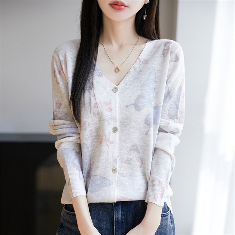 ns竹节麻印花长袖针织开衫女防晒衣2025新款空调衫外搭披肩上衣,针织衫/毛衣,暖烁特种纱工厂店