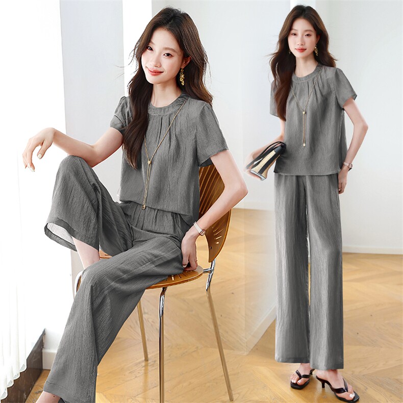 醋酸纤维面料夏季时尚大码阔腿裤洋气减龄显瘦遮肉百搭两件套，女装套装/套裙，梦依杭