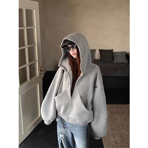 抖音得物高品质二开26春装美式高街铆钉拼接纯色开衫卫衣外套W122图片