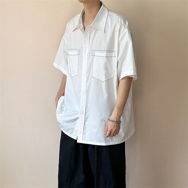 现货-夏季线条衬衫男宽松青少年时尚潮牌短袖衬衣-AC23005-P50,男装衬衫,电商A351