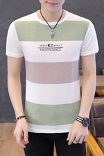 夏季休闲T恤男五分袖短袖男圆领卫衣彩色多线条纹绿T9510，男装T恤，星座1207