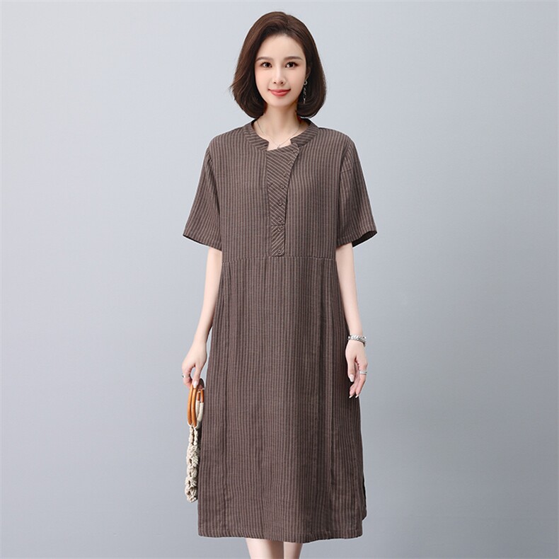 棉麻连衣裙夏季2025新款妈妈遮肚显瘦宽松a字裙亚麻裙子女中长款,女装连衣裙,叶笙衣