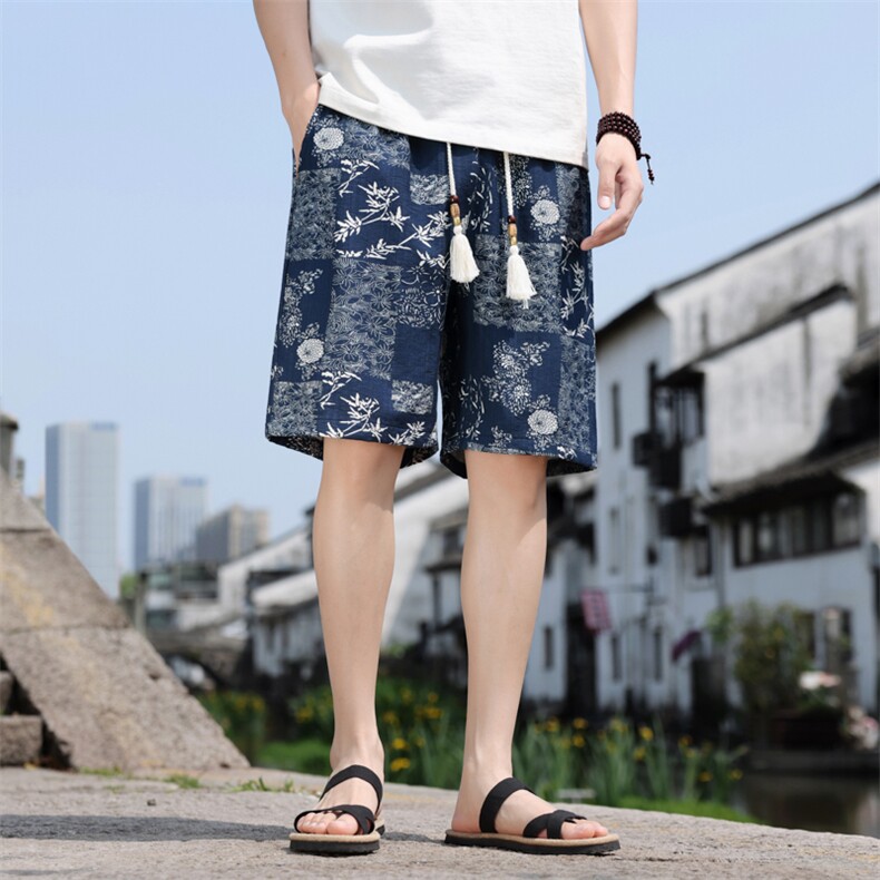 夏季亚麻棉麻印花风五分裤男宽松短裤个性A266-1-KZ773-P40图片