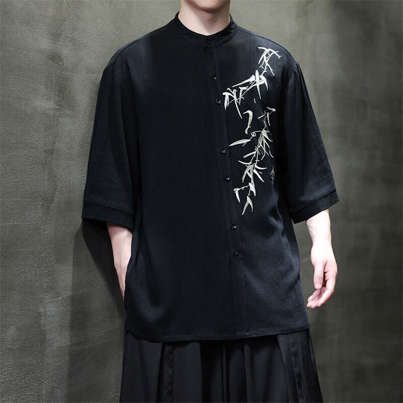 现货男士大码竹叶刺绣短袖衬衫T29-P65控89,男装衬衫,电商A021