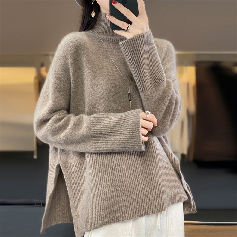 2024秋季新款大高翻开叉宽松羊毛套头衫休闲舒适,女装羊毛衫,美雪羊绒