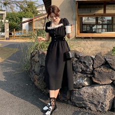 2023夏季短袖法式花边连衣裙女显瘦方领泡泡袖长裙子夏季，女装连衣裙，韩蜜菓