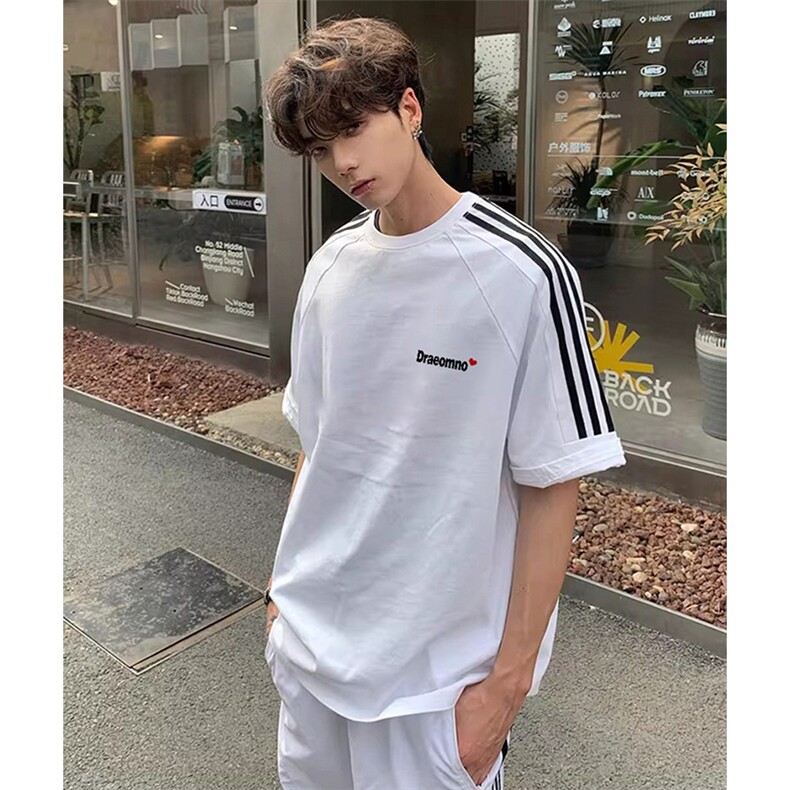 抖音得物高品质二开240克宽松纯棉美式潮牌三条杠织带短袖T恤，男装T恤，电商A486-1