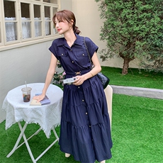 藏青色设计感工装衬衫连衣裙女2025夏季新款超好看气质收腰a字裙，女装连衣裙，浙宝301