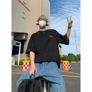 美式重磅做旧绣花短袖t恤圆领宽松半袖情侣上衣T3684-特价P35图片