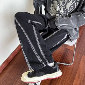 暗黑色牛仔裤男韩版潮流高街2025春秋新款ins宽松长裤K2242-P43图片
