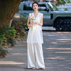 时尚气质套装女2025夏季新款设计感网纱拼接V领马甲阔腿裤两件套，女装套装/套裙，尚娜萱