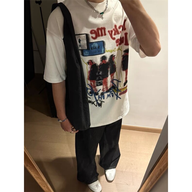 1506/QA15030/P32美式潮牌复古做旧虚幻人像印花t恤男上衣,男装T恤,星座1506
