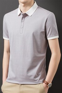 2023夏季新款潮休闲百搭条纹上衣翻领商务休闲打底衫宽松百搭男装图片