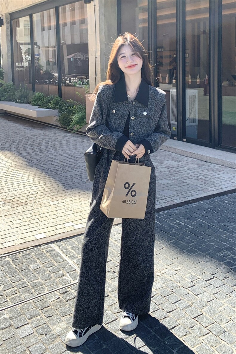 休闲撞色翻领短款毛呢长裙套装女春秋ootd穿搭两件套巨好看松弛感,女装套装/套裙,2B237