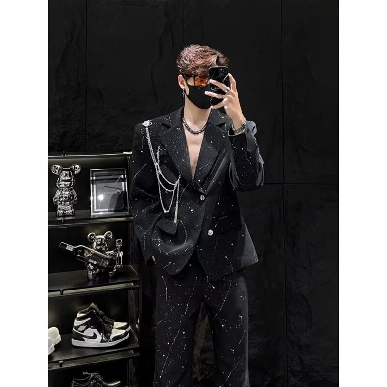 泼墨设计黑色休闲西装英伦雅痞男装宽松西服潮W6902-P75,男装西服套装,星座412-3