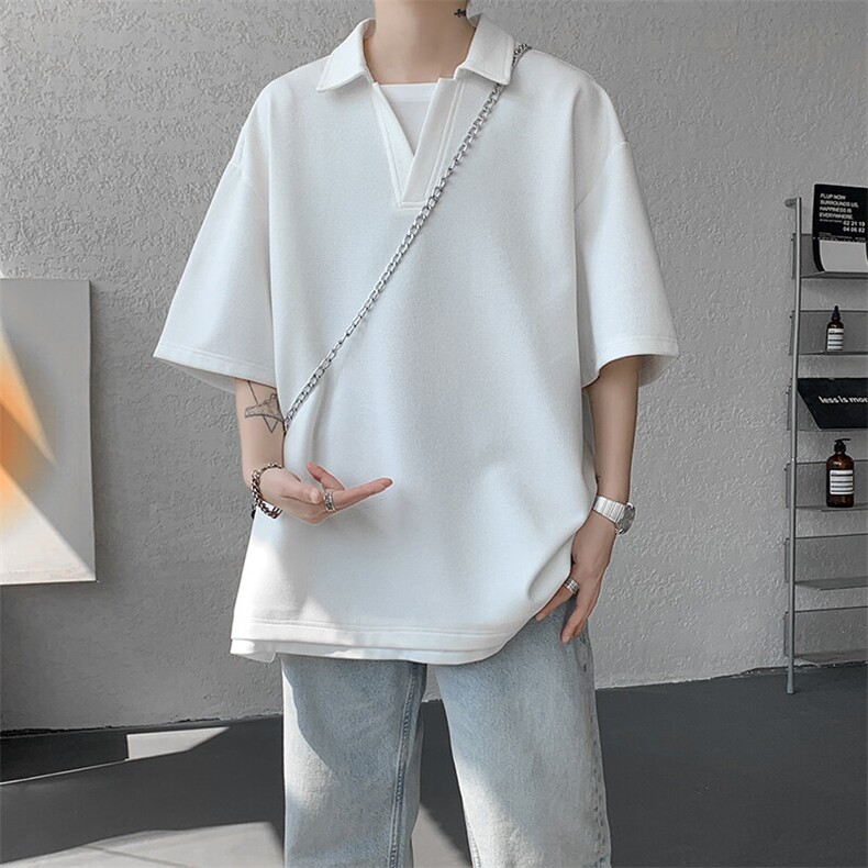 8XL-M假两件V领短袖t恤男夏翻领半袖宽松重磅华夫格大码DT001P40,男装T恤,电商B312