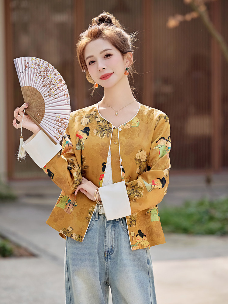 水衣源2712款缎面提花印花料新中式短款坠感超仙外套女,女装短外套,水衣源