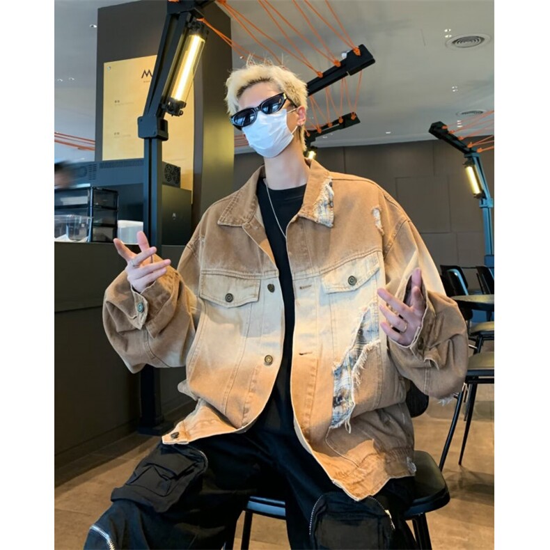 渐变色牛仔外套男士韩版潮流宽松破洞帅2024秋冬ins夹克W6145-P78，男装工装外套，星座412-2